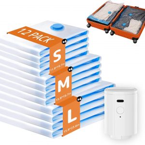 Travel Vacuum Bags with Rechargeable Mini Pump, 12 Pack Carry-On Compression Bags for Luggage & Suitcase, Space Saver Storage for Clothing and Travel Organization