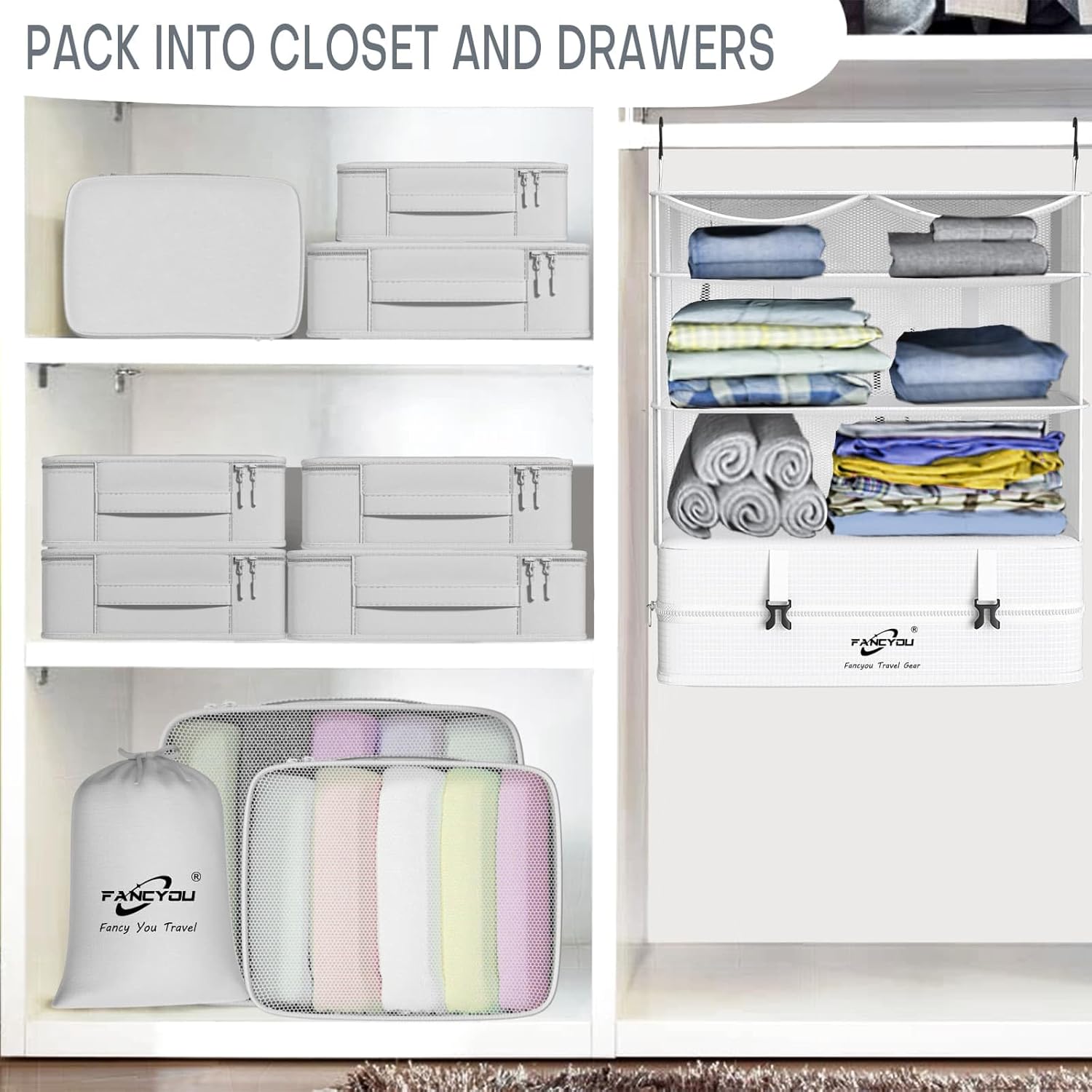 Compressible Packing Cubes Portable Hanging Closet Shelves 17"x12"x24" Extendable Travel Organizer Nylon Packing Bags for Suitcase - Image 7