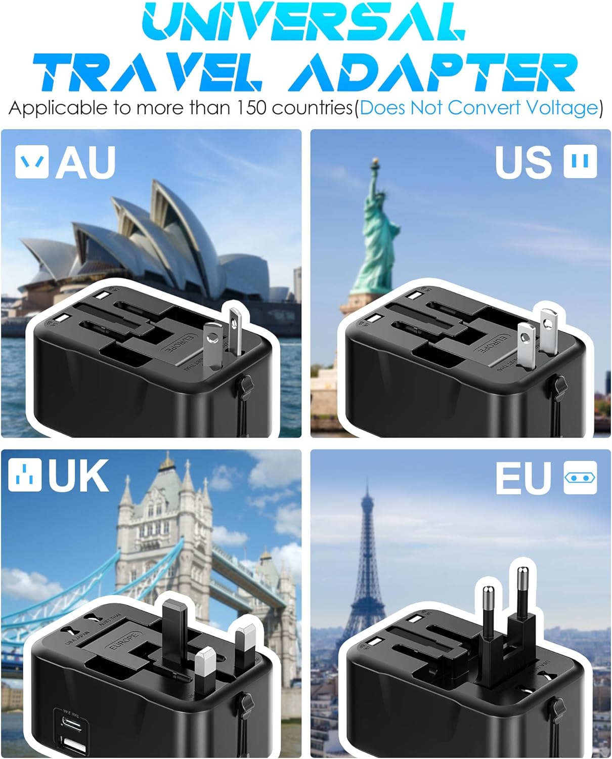 URJD Universal Travel Adapter with (Type C+USB) 2 USB Ports & AC Outlet, International Plug Adapter Converter, Type C/A/G/I All in One Wall Charger Worldwide Travel Adaptor for US to EU UK AUS Asia - Image 2