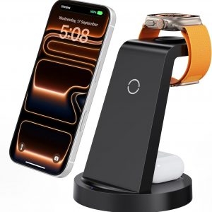 3 in 1 Charging Station for iPhone, Wireless Charger for iPhone 17 16e 16 15 14 13 12 11 X Pro Max & Apple Watch – Wireless Charging Station for AirPods 4 3 Pro