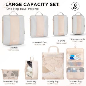 8 Set Compression Packing Cubes for Travel Essentials,Compressible Expandable Packing Cubes for Suitcase,OlarHike Luggage Organizer Bags for Travel,Handy Helper for Organizing Clothes(Beige)