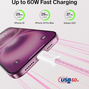 Belkin USB C to USB C Cable 2-Pack, 6.6ft, 60W – Type C Charger, iPhone Charger Cord, Soft, Braided, Flexible for iPhone 17, Galaxy S25, Pixel 10, Airpods, iPad Pro & More, Travel Essentials – Pink