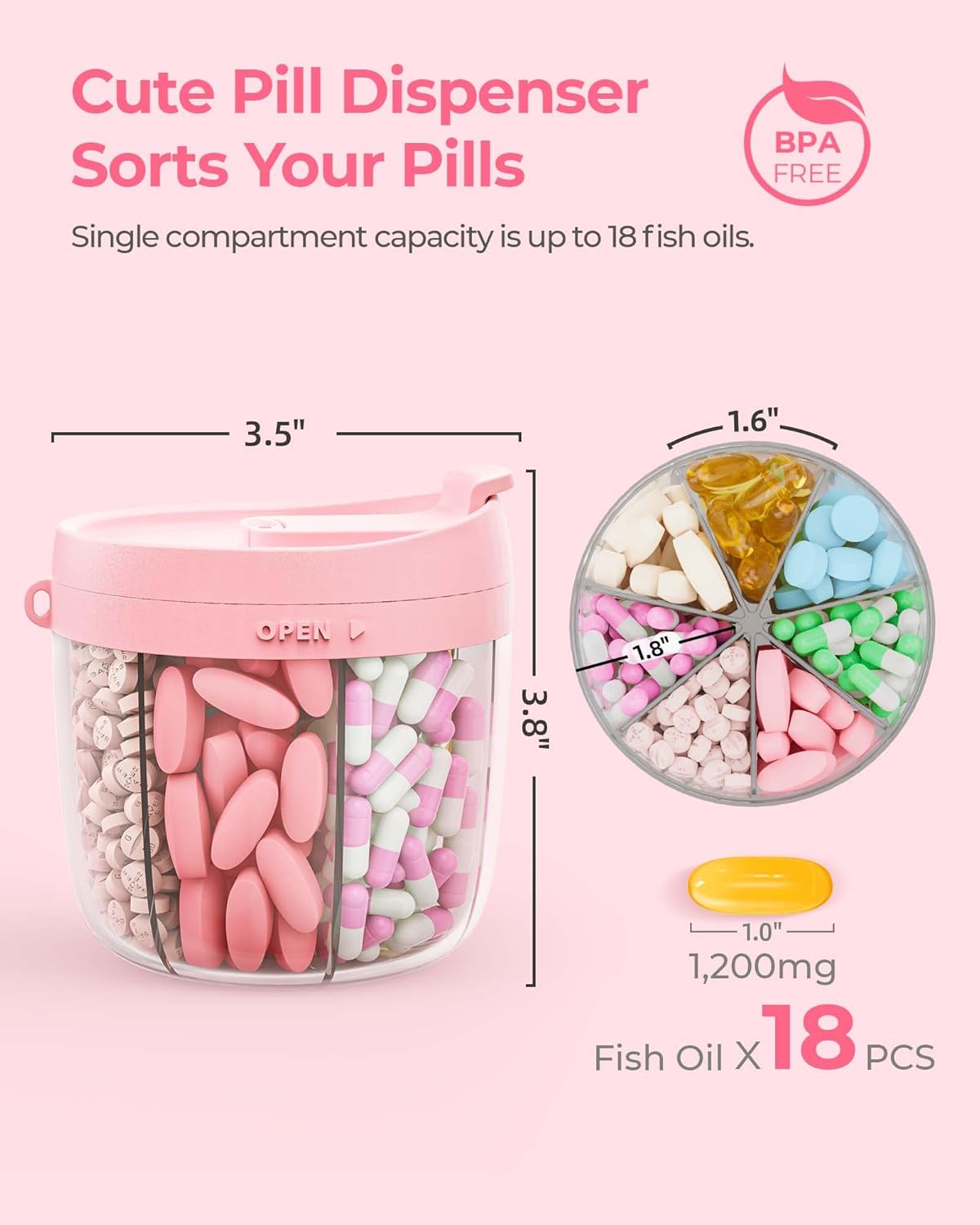 Cute Pill Dispenser with 7 Large Compartments, Portable Pill Bottle Organizer with Wide Opening for Easy Use, Anti-Mix Pill Organizer for Travel, BPA-Free Pill Container, Pink - Image 2
