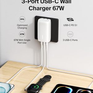 Belkin 3-Port USB C Charger Block 67W – PPS, USB-C PD3.1 Super Fast Charging Charger – Samsung Galaxy S25, Apple iPhone 17, Air, Pro, MacBook, AirPods, Apple Watch, Nintendo Switch 2 & More – White