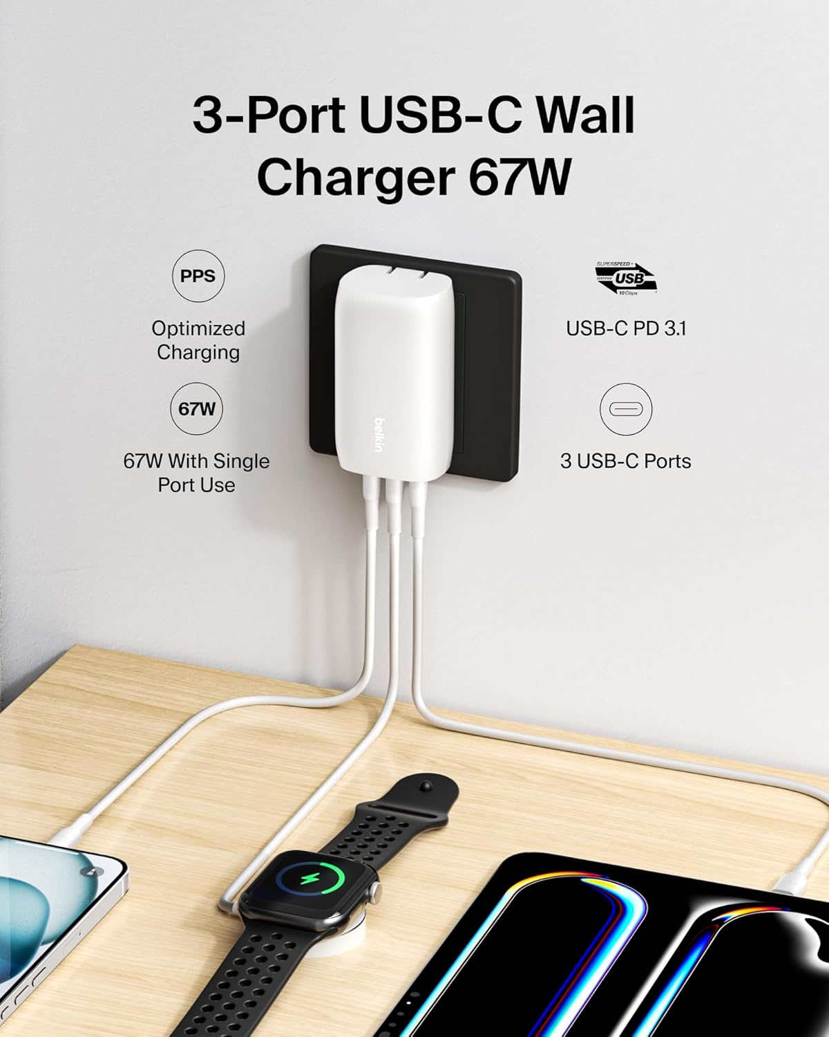 Belkin 3-Port USB C Charger Block 67W - PPS, USB-C PD3.1 Super Fast Charging Charger - Samsung Galaxy S25, Apple iPhone 17, Air, Pro, MacBook, AirPods, Apple Watch, Nintendo Switch 2 & More - White - Image 2