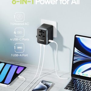 Universal Travel Adapter, 30W International Power Adapter with 4 USB-C & 1 USB-A Ports, European Travel Plug Adapter, Worldwide Travel Essentials for EU UK AUS USA