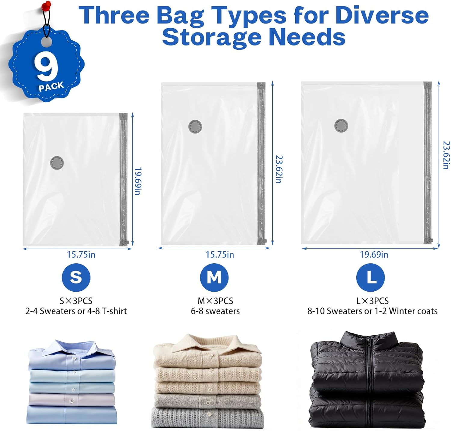 Vacuum Seal Bags For Clothing Travel With Wireless Electric Pump,9 Pack Space Saver Vacuum Storage Bags In 3 Combo Sizes,Compression Travel Packing For Luggage,Ideal For Air Planes, Apartments - Image 3