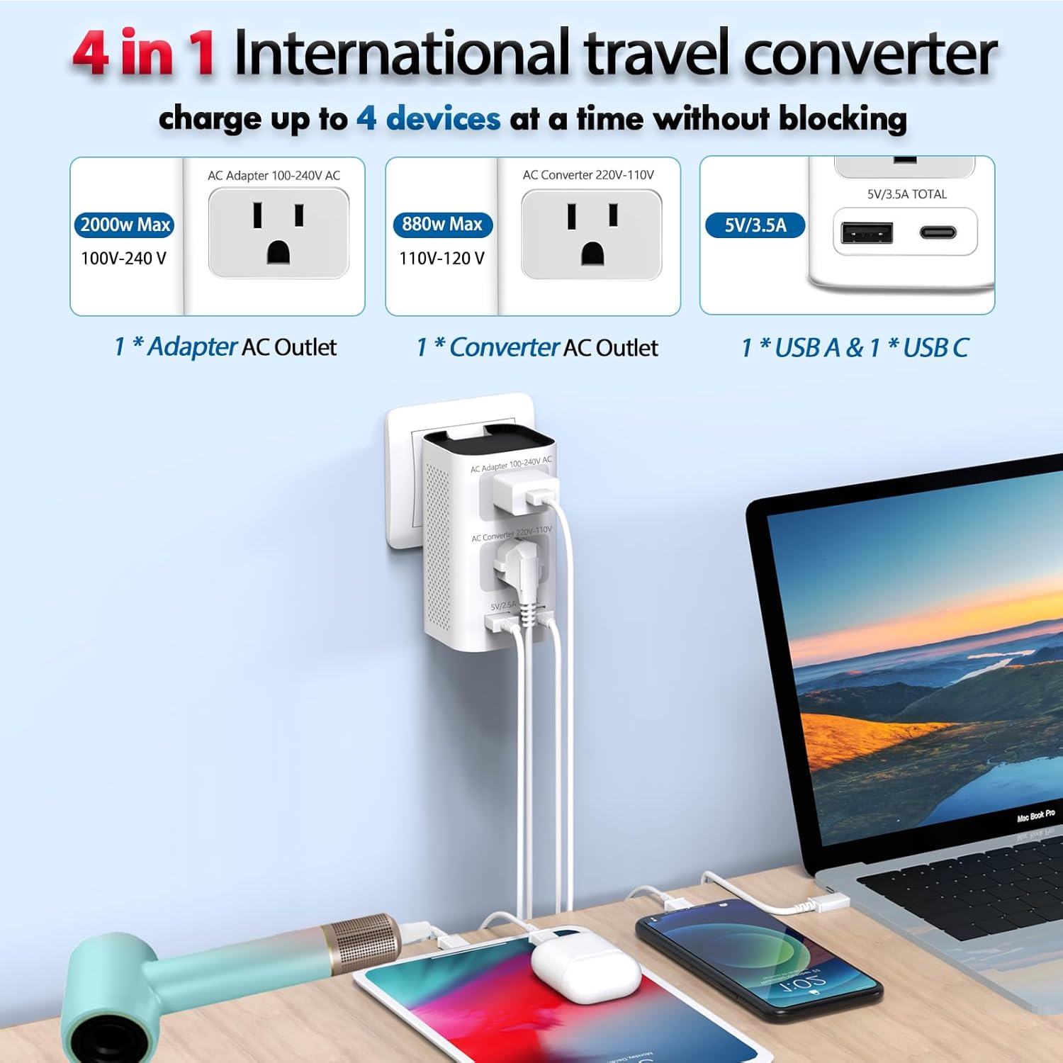 Upgraded 2000W 220V to 110V Voltage Converter US to Europe Travel Adapter for Hair Dryer International Universal Travel Adapter with 1 USB A and 1 USB C Power Converter Adapter Combo - Image 4