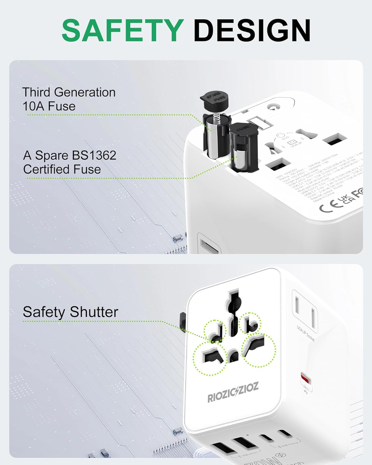 35W Universal Travel Plug Adapter,7-Port PD&QC Fast Charging Power Adapter(2AC&2USB-A&3USB-C),Worldwide Outlet Wall Charger for USA/EU/UK/AUS Over 200 Countries-Type C/A/G/I - Image 7