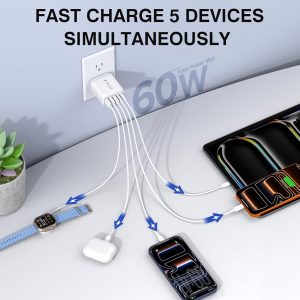 USB C Wall Charger Block, 2Pack 60W 5-Port C Charger Fast Charging Block PD Power Adapter +QC 3.0 Multiport Type C Box Brick Cube USB A Wall Plug for iPhone 15/16/17 Pro Max Plus, iPad,Samsung Galaxy