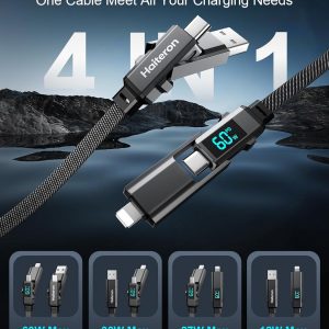 4 in 1 Charging Cable 5FT,60W USB C to USB C Cable Fast Charging Flat Braided iPhone Charger Cord Combo USB A/C to C/L with LED Display, Type C Charging Cord for iPhone 16/15,MacBook,iPad