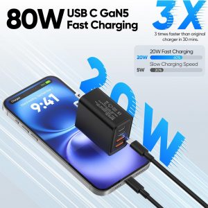 [2-Pack] USB C Wall Charger,80W 4-Port Type C Fast Charging Block,USBC Multiport Wall Plug PD20W&QC20W GaN Charging Cube with 6.6FT USB C Cable for iPhone 17/16/15/14Pro Max/XS/XR, Samsung(Black)