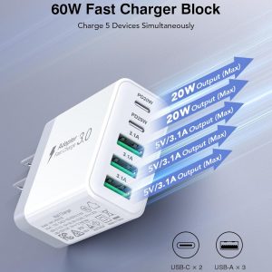 [2-Pack] USB C Wall Charger, 60W Fast USB C Charger Block, 5-Port PD Power Adapter + QC Wall Plug Multiport Type C Charging Block Cube Compatible with iPhone 17 16 15 14 13 12 Pro Max XR XS, Tablets