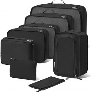 (Not Made In China) Packing Cubes For Travel, Luggage and Suitcase Organizer Bags, Carry On and Backpack Space Savers, Lightweight Waterproof Nylon, 8pc Set, Black