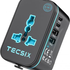 Universal Travel Adapter Worldwide, TECSIX European Travel Plug Adapter with 2 USB C, 2 USB A and Multi AC Outlets, International Power Converter for EU US UK AUS 200+ Countries Type A C G I