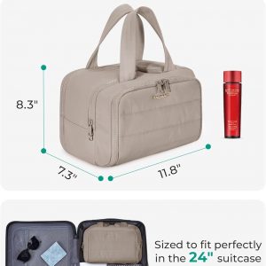 BAGSMART Travel Toiletry Bag, Crush Toiletry Bag for Women, Wide-open Puffy Toiletry Bags for Traveling, Large Travel Cosmetic Makeup Bag Organizer for Accessories,Toiletrie, Grayish Brown