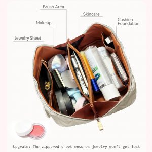 Travel Makeup Bag for Women, Large Capacity Cosmetic Bags for Girls, Compact Pouch Make up Organizer, Waterproof Toiletry Bag with Divider and Handle (White)