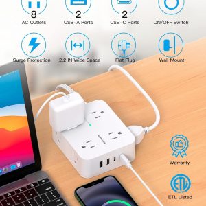 Surge Protector Power Strip, HANYCONY Extension Cord with Multiple Outlets, 5 Ft Ultra Thin Flat Plug 8 Outlets 4 USB Ports(2USB C), 1080J Outlet Extender for Home Office College Dorm Room Essentials