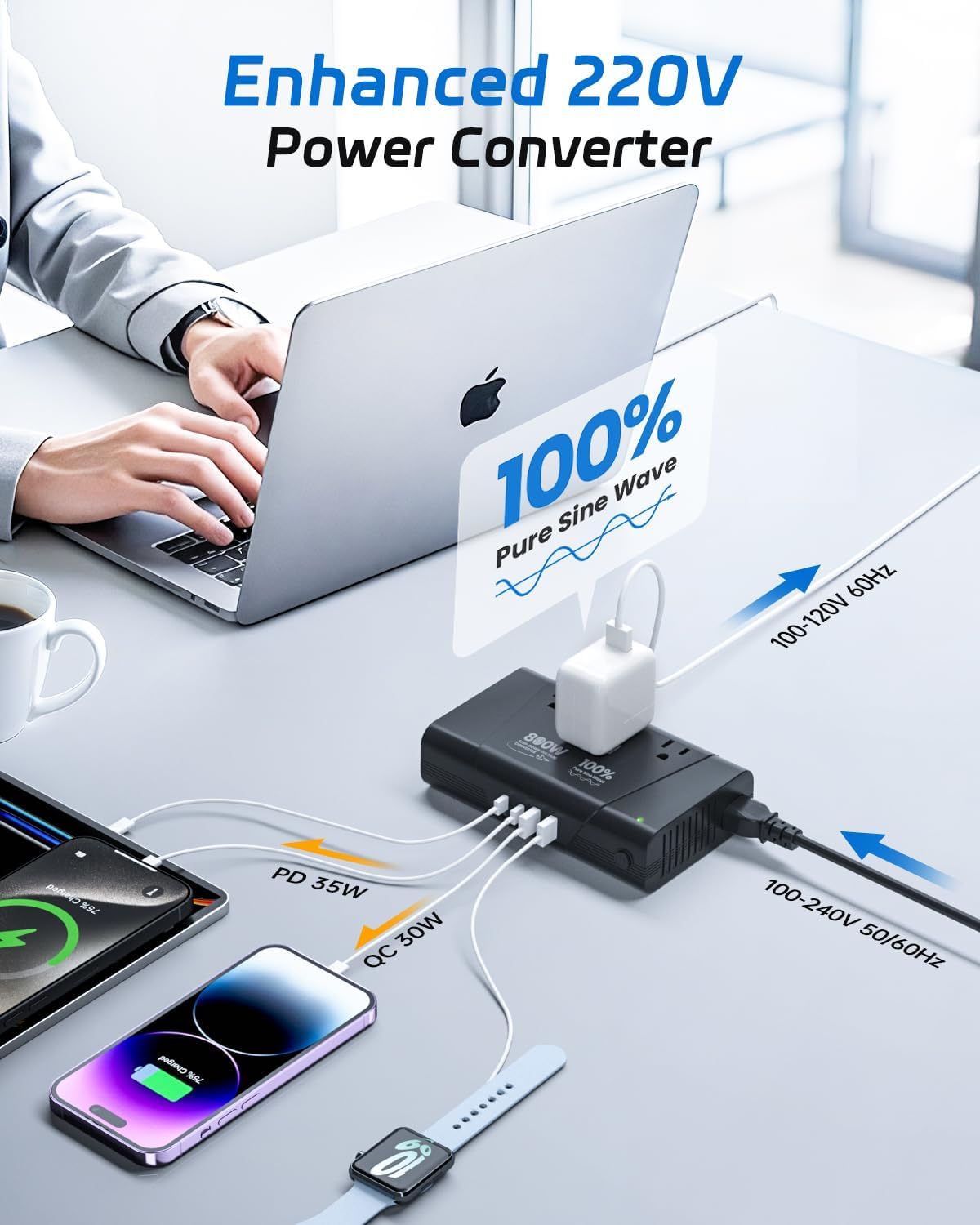 DOACE 220V to 110V Converter - 800W Voltage Converter US to Europe for Hair Straightener, Curler, Phone, Power Converter with 2 USB C & 2 USB A Ports, European Travel Plug Adapter UK, US, AU, EU - Image 2