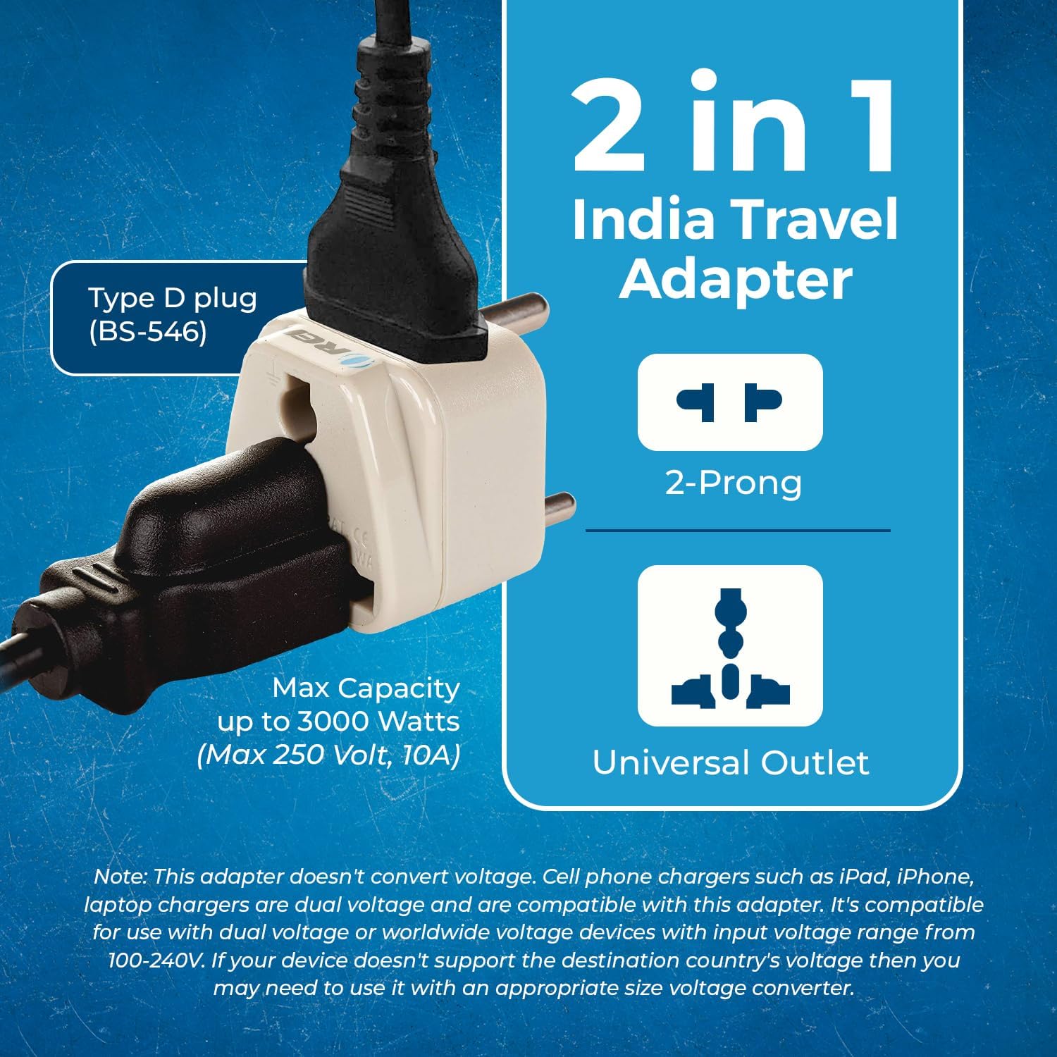 Orei Grounded Universal 2 in 1 Plug Adapter Type D for India and More - Image 6