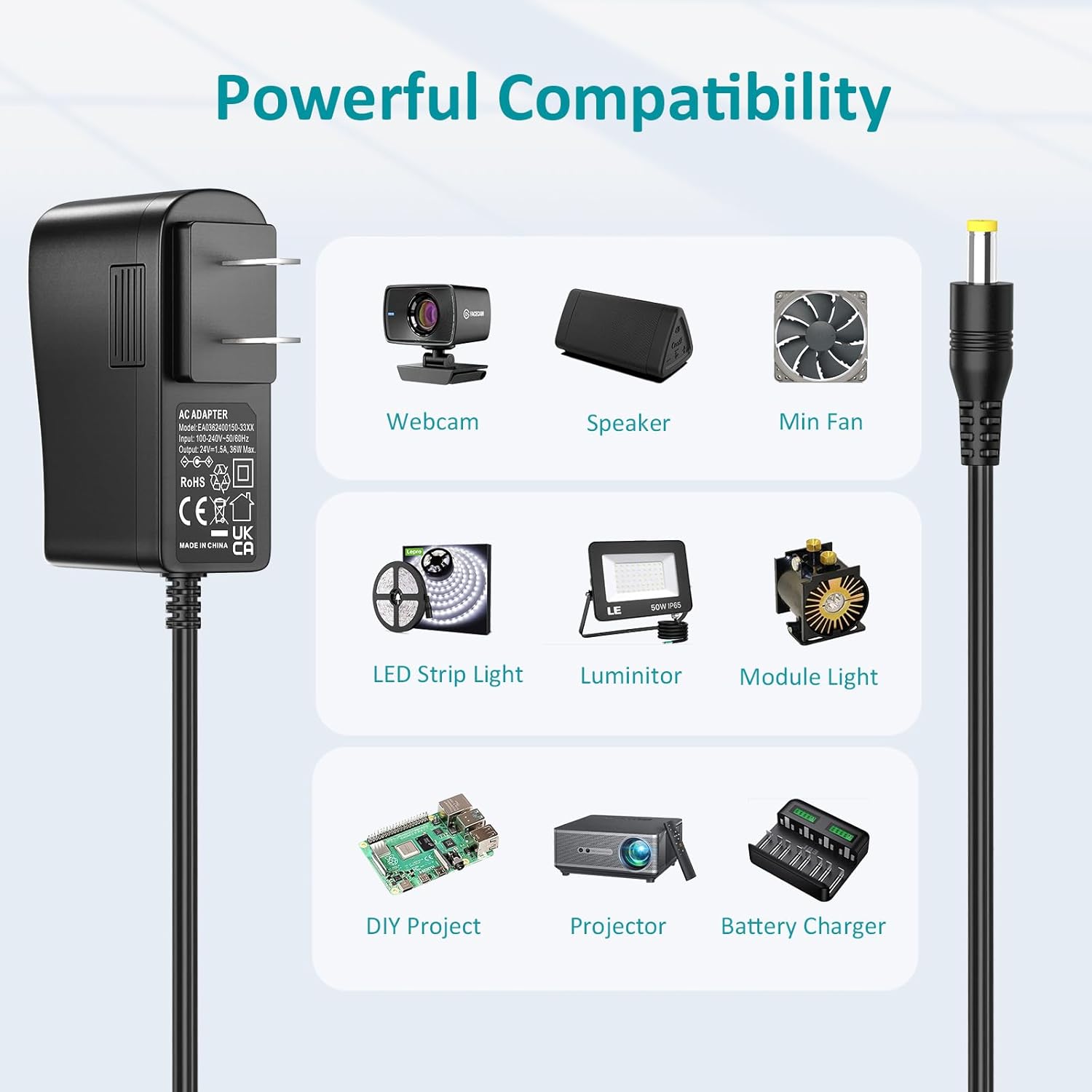 Universal AC Adapter 24V 1.5A Power Supply with 10 Interchangeable DC Plugs 24 Volt 1.5 Amp 1A 0.6A 0.5A Replacement Power Cord Charger for Ride On Toys Massage Gun LED Strip Lights - Image 3