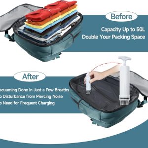 Vacuum Backpack Travel 50L, Carry On Compliant Backpack Water-Resistant, Fits 17-Inch Laptop & 1 Week Gear, Expandable Compression System, Vacuum Pump Included, Gifts for Women & Men Travelers, Teal