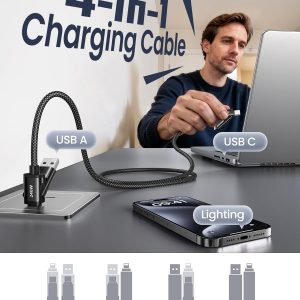 Silkland 4 in 1 Charging Cable 240W Fast Charging Cords 5FT, Nylon Braided, USB A/C to C/Lightning Multi Charger Cable, Universal iPhone Charger Compatible for iPhone 17 16 15 14 /MacBook/iPad/Android