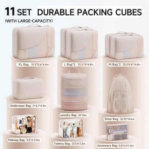 11 Set Packing Cubes for Travel, Gifts for Women Mom Kids, TSA Approved Bags for Makeup, Cosmetic, Toiletry, Suitcase Organizers for Checked Luggage, Cruise Essentials, Airplane Accessories, Beige