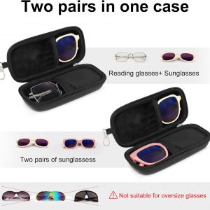 Double Eyeglasses Case Hard Shell, Clip Dual Sunglasses Organizer Zipper, PU Leather Eyewear Storage Box for 2 Pairs Travel