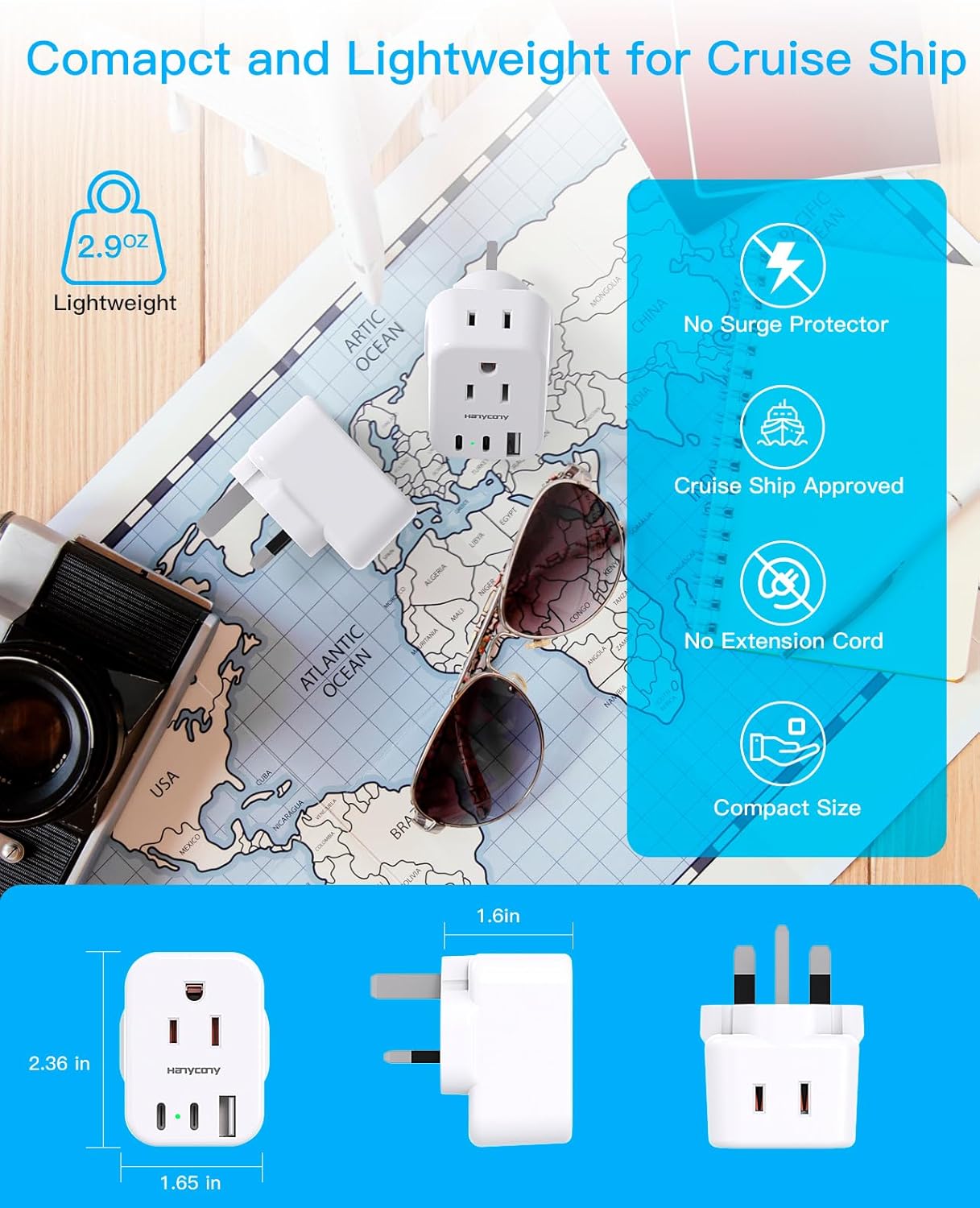 UK Travel Plug Adapter, HANYCONY US to UK Type G Ireland Travel Adapter 2 Outlets 3 USB Ports(2 USB C), UK Power Adaptor for USA to Dubai England London Scotland British Kenya Irish Hongkong, 2 Pack - Image 4