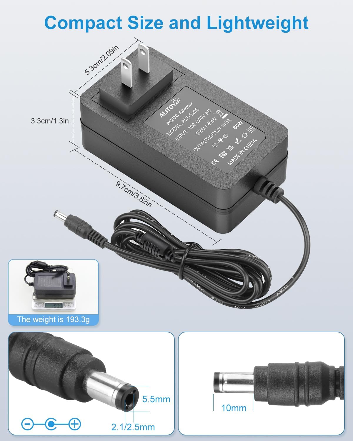 ALITOVE 12V Power Supply 5A AC Adapter 100~240V 50-60hz to 12 Volt 5 Amps Transformer 6.2FT with 14 Tips for LED Light CCTV Security Camera Speaker Router 12V Sceptre Monitor Power Cord - Image 4