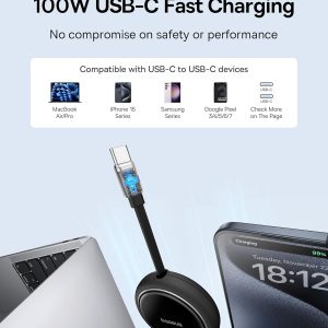 Baseus USB C to USB C Cable, 100W Retractable USB C 5A Fast Charging Cable, 4-Stage Length Preset USB Type C Charger Cord for iPhone 17 16 Pro Plus Pro Max, MacBook, iPad, Samsung S24/S23+ (3.3ft)