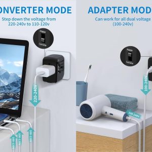 International Travel Adapter Voltage Converter to Step Down 230V to 120V for Hair straighteners, laptops, Cell Phones, Power converters from USA to UK, Europe, Australia Over 200