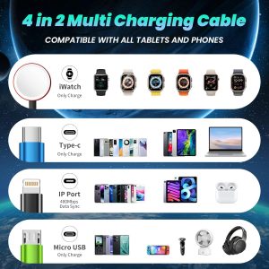 Travel Essentials 4 in 2 Multi Charging Cable for Apple iWatch Charger, USB A/USB C Multiple Charger Cord for iWatch Ultra/SE/11-2, iPhone 17-5, Galaxy S25-21, iPad (2PACK 5FT)