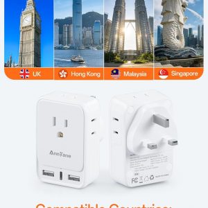 2 Pack US to UK Travel Adapter, Type G Adapter for Travel with 4 Outlets 3 USB Charging Ports, Ireland Power Adaptor for USA to England London Scotland Dubai Singapore Hong Kong Qatar, White