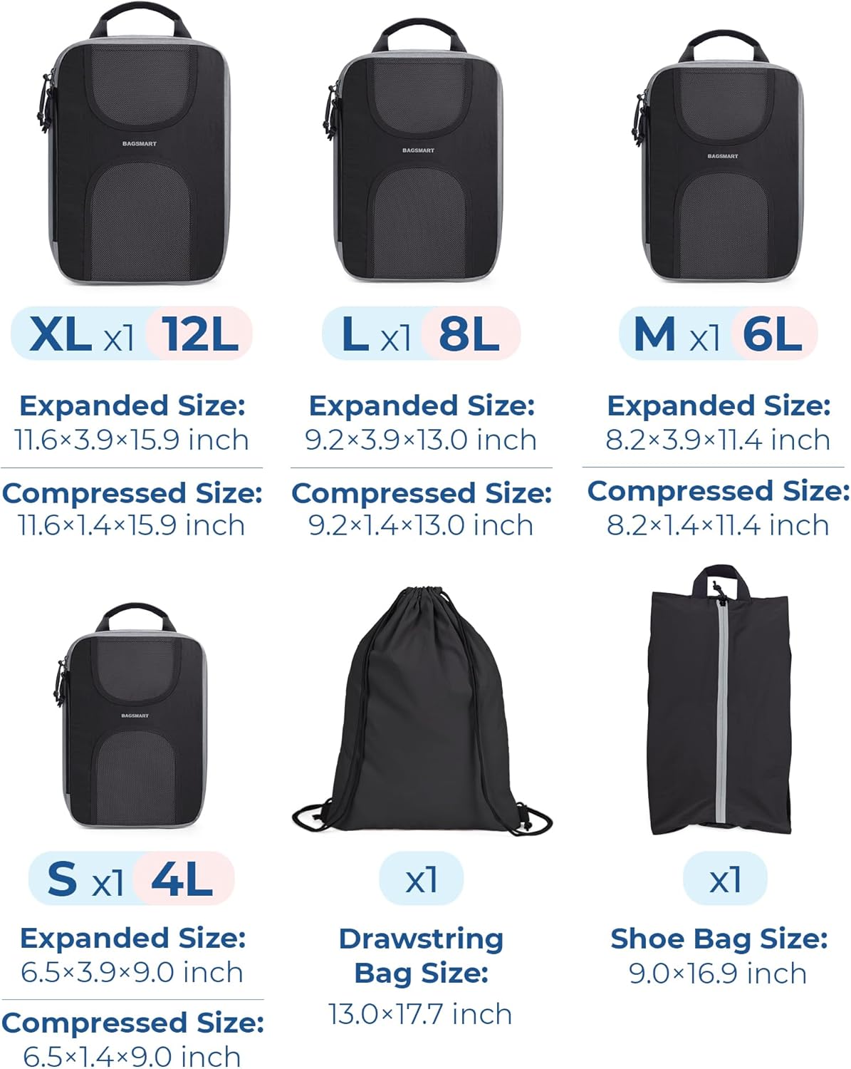 BAGSMART Compression Packing Cubes, 6 Set Packing Cubes for Suitcases, Lightweight Suitcases Organizers Bag Set & Compression Travel Cubes, Travel Essentials Packing Organizers Black - Image 5