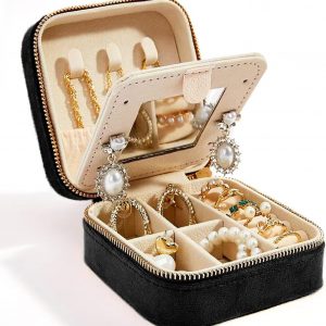 Travel Velvet Jewelry Box with Mirror, Mini Gifts Case for Women Girls, Small Portable Organizer Boxes for Rings Earrings Necklaces Bracelets (Black)