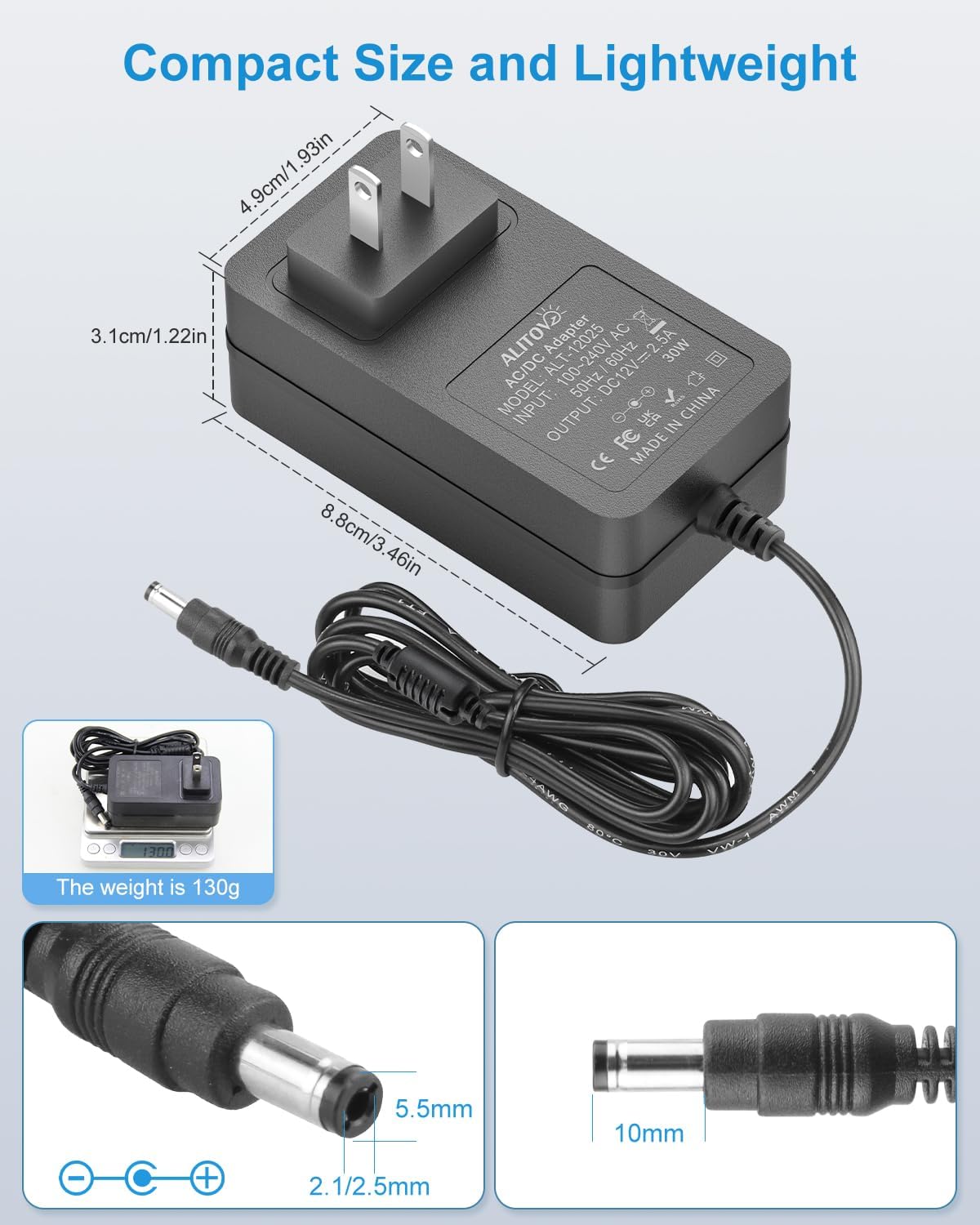ALITOVE 12 Volt Power Supply 2.5A AC/DC Adapter 100~240V 50-60hz to DC 12V Power Cord Transformer 2.5 Amp 2A 1.5A 6.2FT with 14 Tips for LED Light CCTV Security Camera PC Monitor Router - Image 4