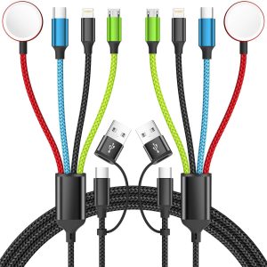 Travel Essentials 4 in 2 Multi Charging Cable for Apple iWatch Charger, USB A/USB C Multiple Charger Cord for iWatch Ultra/SE/11-2, iPhone 17-5, Galaxy S25-21, iPad (2PACK 5FT)