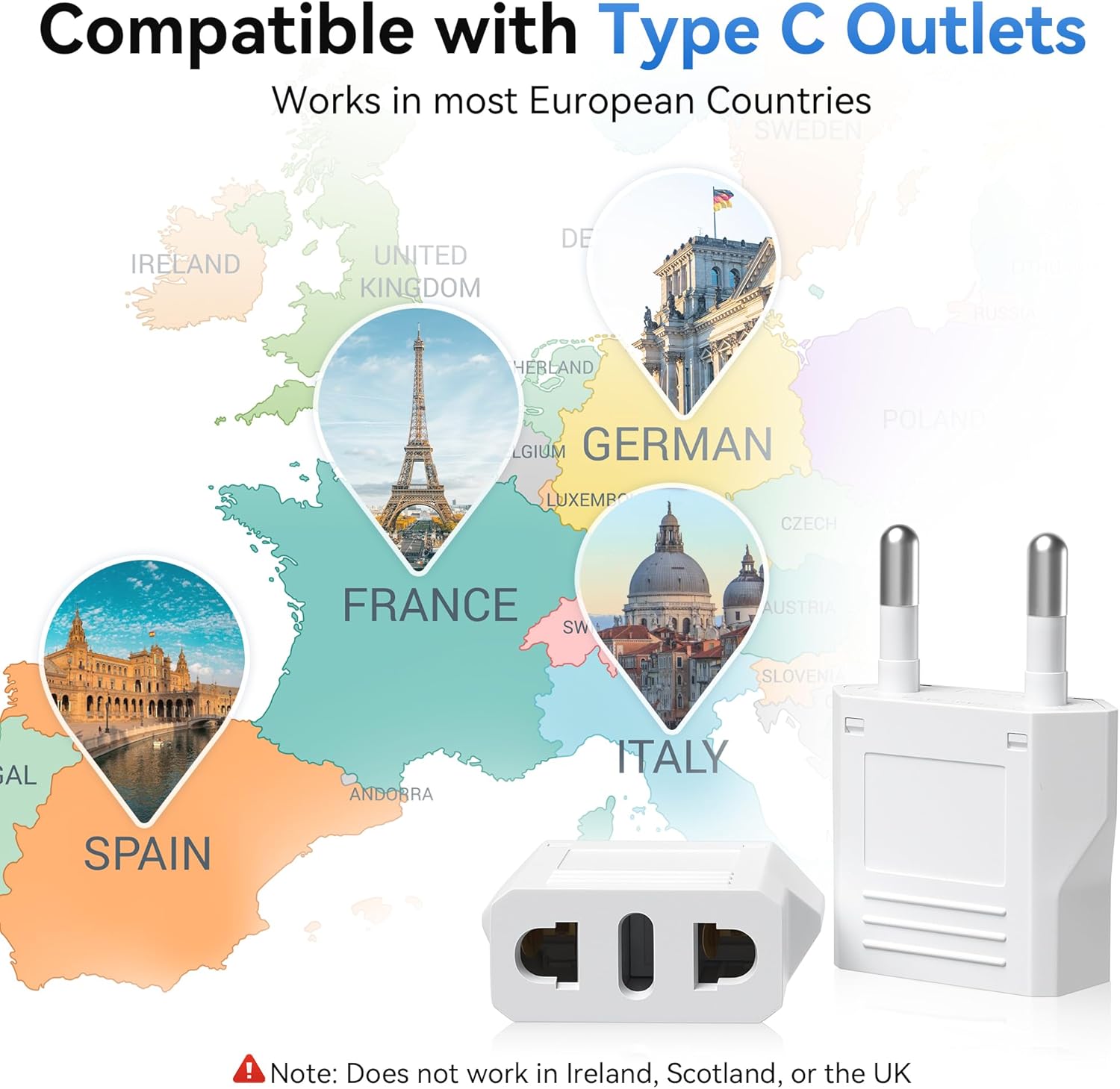 4 Pack European Travel Plug Adapter, Unidapt US to Europe Plug Adapter, European Adapter Type C Pin Adaptor, Outlet Converter America USA to Europe Italy Spain Germany France EU, Power Plug, White - Image 7