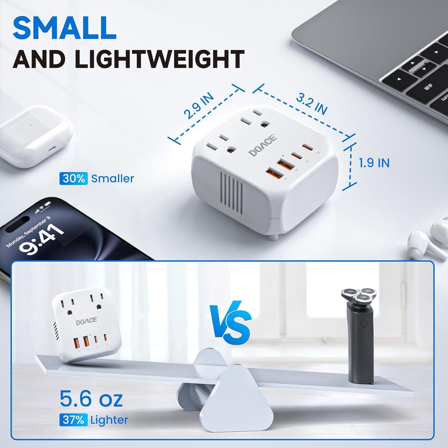 DOACE Voltage Converter US to Europe, 2000W Power Converter European Travel Converter for Hair Dryer, 220V to 110V Converter, Power Converter Adapter Combo with 4 USB Ports, White - Image 7