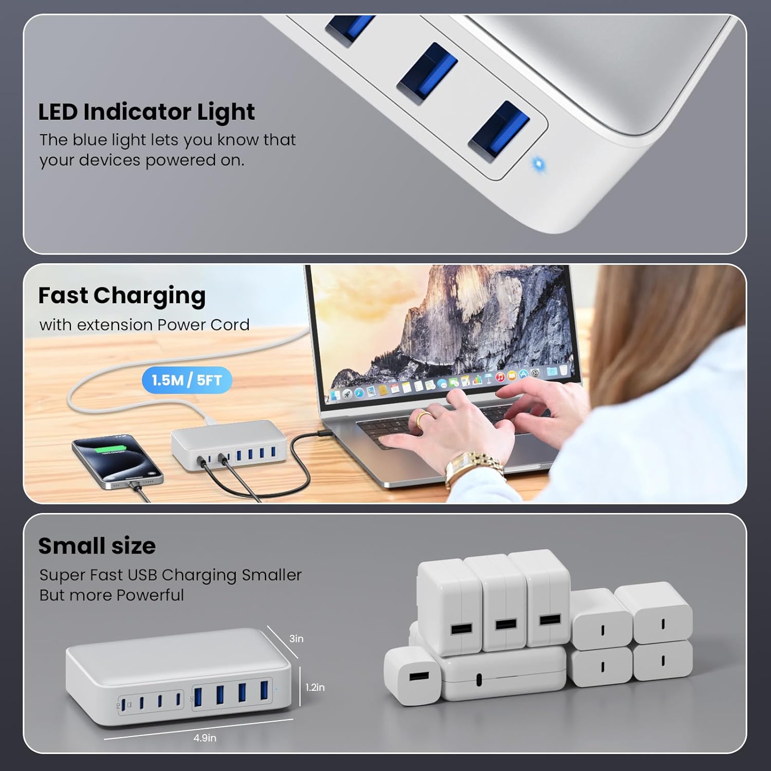 USB C Charger 200W USB C Charger Block,Upgraded GaN III 8-Port Fast Charging Station Hub,PD 65W Laptop Charging Adapter Compatible with MacBook Pro/Air,DELL,Steam Deck,iPhone 16/15/14,Galaxy S23/22 - Image 6
