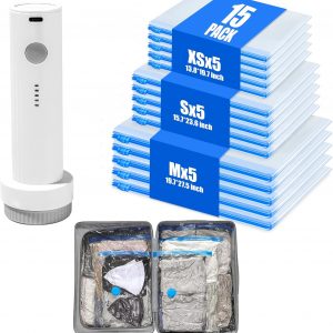 Vacuum Storage Bags for Travel – 15 Pack Compression Packing with Wireless Electric Pump for Luggage Vacuum Seal Bags for Clothes Space Saver Organizer for Moving Clothing Suitcase Travel