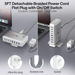 200W Charging Station for Multiple Devices, 8-Port USB C Charger Block Fast Charging, 65W Type C GaN Power Adapter for Cellphones, Tablets, Laptops, Multi Chargers USB Hub Flat Plug