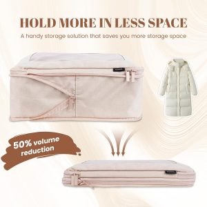 4-Set Compression Packing Cubes for Travel, Recycled Cotton Luggage Organizers, Space-Saving Suitcase Organizers, with Mesh, Travel Essentials(Beige)