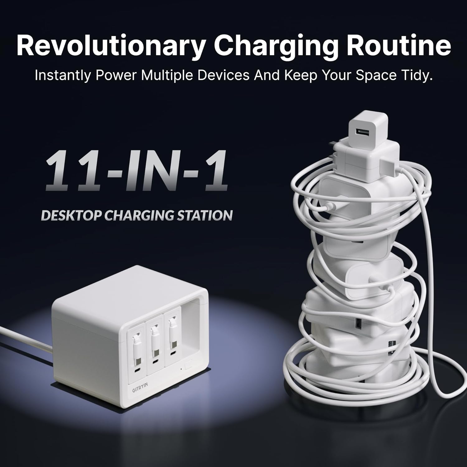 Gitryin 11-in-1 Desktop Charging Station with 3 Retractable Wall Chargers, 40W USB-C Power Strip with 5 AC, 3 USB C, 3 Type-C 33.5in Cables, Extension Cord with 1020J Surge Protection for Home Office - Image 3