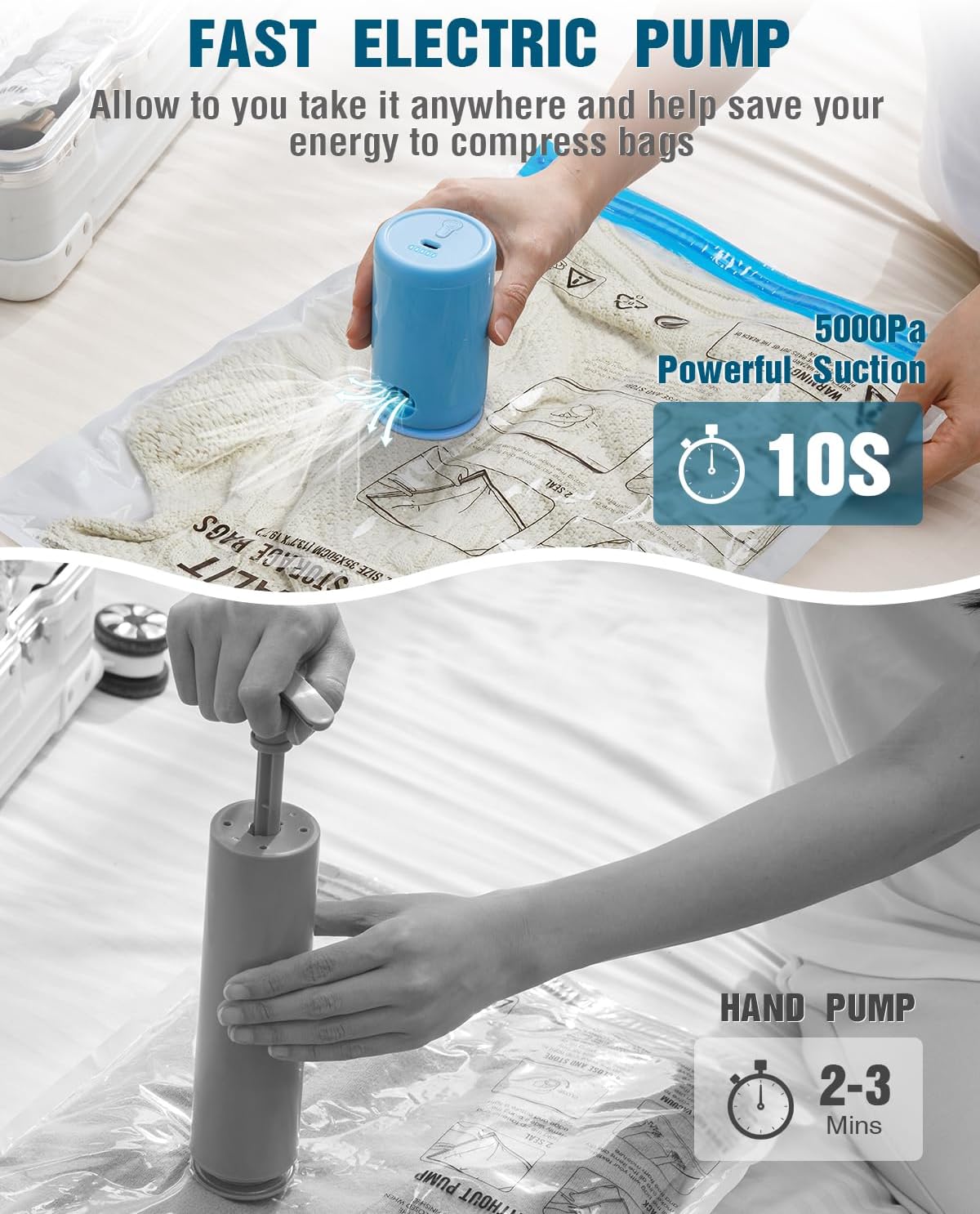 Vacuum Storage Bags for Travel, 8 Pack (4S+4XS) Vacuum Seal Bags with Wireless Rechargeable Electric Pump, Travel Essentials Space Saving Compression Bag for Clothes, Luggage, Suitcase, Backpack, Trip - Image 3