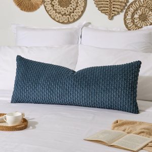Kevin Textile 14×36 Inch Long Lumbar 1 Pack Boho Decorative Throw Pillow Cover Soft Striped Corduroy Rectangle Cushion Case Farmhouse Solid Color Accent for Living Room Couch Sofa Bed, Blue