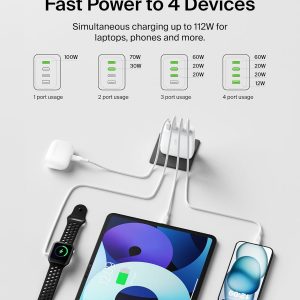 Belkin 112W 4-Port GaN Charger Block, USB-C Power Delivery Super Fast Charging & USB-A Port – MacBook, Samsung Galaxy S25, Apple iPhone 17, Air, iPad, Google Pixel, Nintendo Switch 2, etc. – White