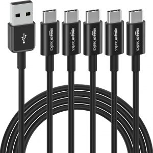Amazon Basics 5-Pack USB-C to USB-A 2.0 Fast Charger Cable, 480Mbps Speed, USB-IF Certified, for Apple iPhone 16/15, iPad, Samsung Galaxy, Laptops, 6 foot, Black